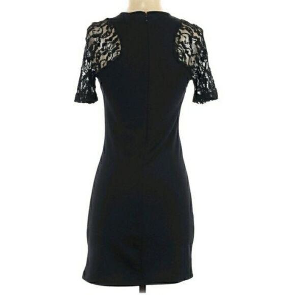 CO Lace Illusion Neckline Short Sleeve Crew Neck Stretch Mini Dress Black Sz S - Picture 6 of 9